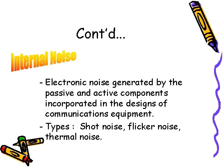 Cont’d. . . - Electronic noise generated by the passive and active components incorporated