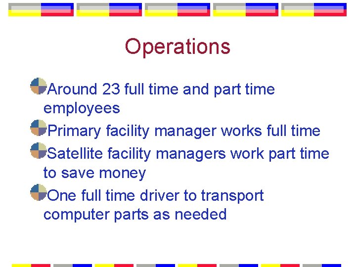 Operations Around 23 full time and part time employees Primary facility manager works full