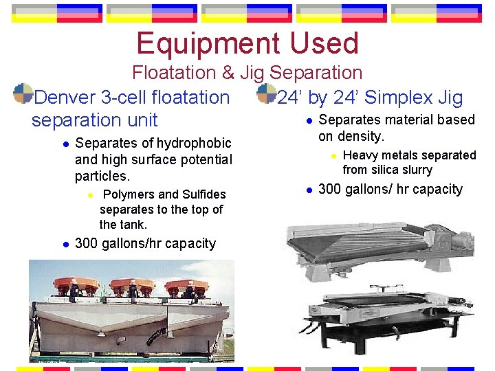 Equipment Used Floatation & Jig Separation Denver 3 -cell floatation 24’ by 24’ Simplex