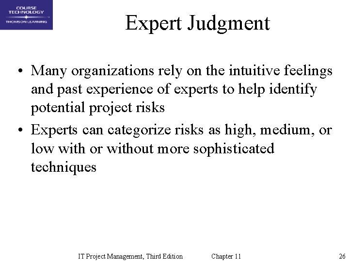 Expert Judgment • Many organizations rely on the intuitive feelings and past experience of