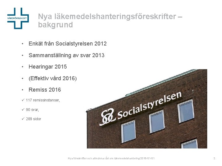 Nya läkemedelshanteringsföreskrifter – bakgrund • Enkät från Socialstyrelsen 2012 • Sammanställning av svar 2013