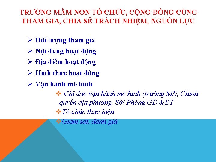 TRƯỜNG MẦM NON TỔ CHỨC, CỘNG ĐỒNG CÙNG THAM GIA, CHIA SẺ TRÁCH NHIỆM,