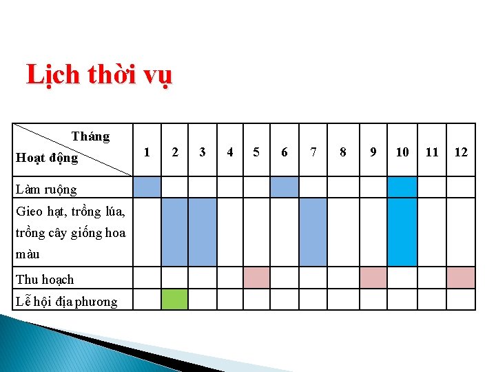 Lịch thời vụ Tháng 1 2 3 4 Hoạt động Làm ruộng Gieo hạt,