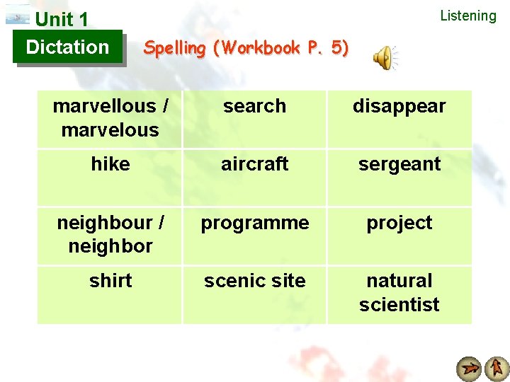 Unit 1 Dictation Listening Spelling (Workbook P. 5) marvellous / marvelous search disappear hike