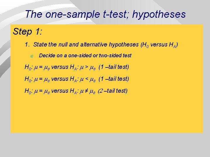 The one-sample t-test; hypotheses Step 1: 1. State the null and alternative hypotheses (H