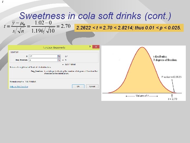 1 Sweetness in cola soft drinks (cont. ) 2. 2622 < t = 2.