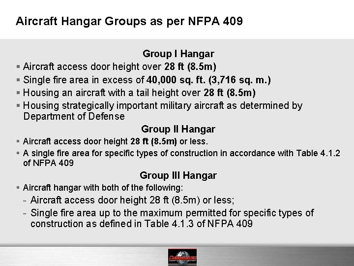 Aircraft Hangar Groups as per NFPA 409 Group I Hangar § Aircraft access door Aircraft Hangar Groups as per NFPA 409 Group I Hangar § Aircraft access door