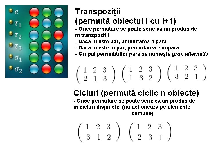 Transpoziţii (permută obiectul i cu i+1) - Orice permutare se poate scrie ca un