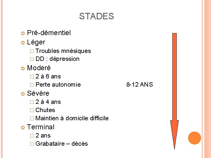 STADES Pré-démentiel Léger � Troubles mnésiques � DD : dépression Moderé � 2 à