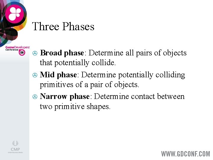 Three Phases Broad phase: Determine all pairs of objects that potentially collide. > Mid