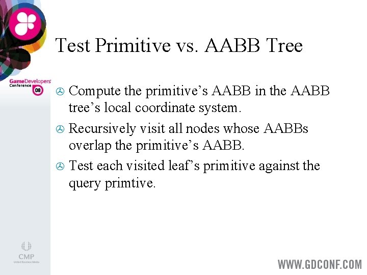Test Primitive vs. AABB Tree Compute the primitive’s AABB in the AABB tree’s local