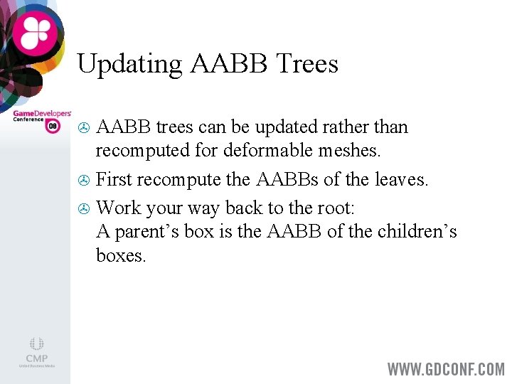 Updating AABB Trees AABB trees can be updated rather than recomputed for deformable meshes.