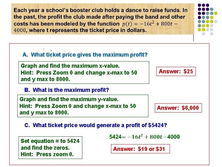  § . A. What ticket price gives the maximum profit? Graph and find