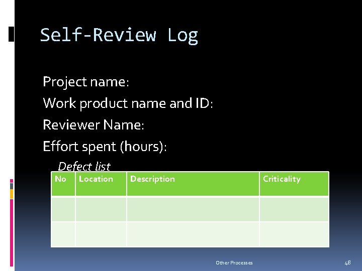 Self-Review Log Project name: Work product name and ID: Reviewer Name: Effort spent (hours):