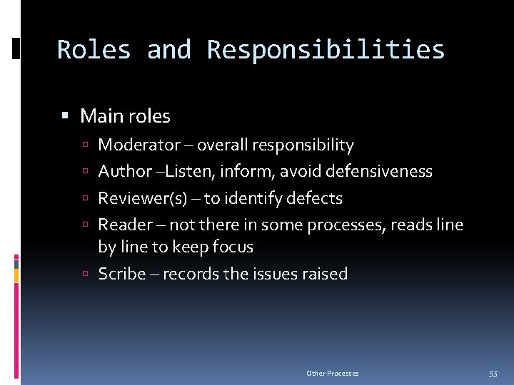 Roles and Responsibilities Main roles Moderator – overall responsibility Author –Listen, inform, avoid defensiveness