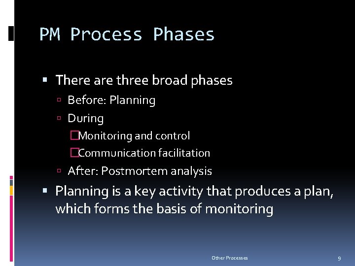 PM Process Phases There are three broad phases Before: Planning During �Monitoring and control