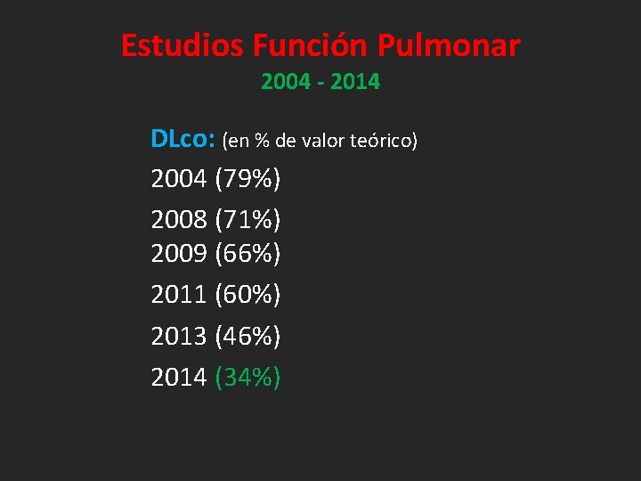 Estudios Función Pulmonar 2004 - 2014 DLco: (en % de valor teórico) 2004 (79%)