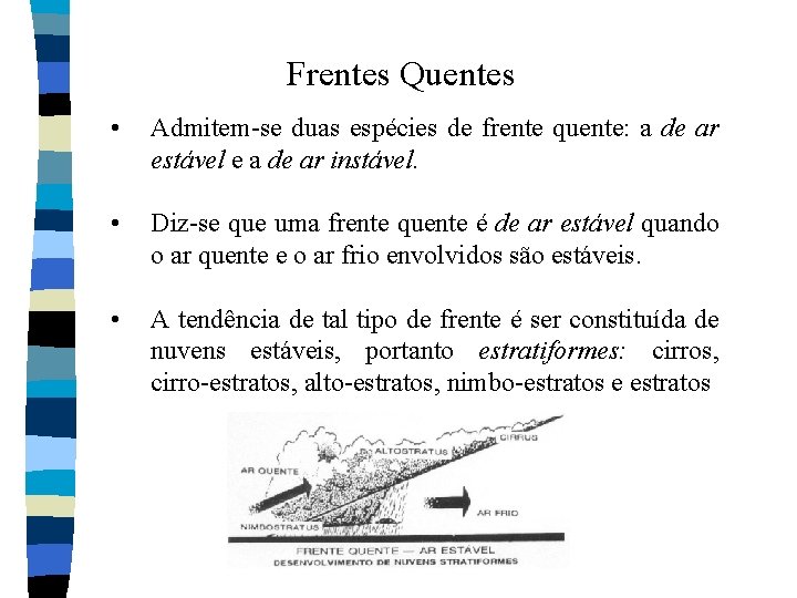 Frentes Quentes • Admitem se duas espécies de frente quente: a de ar estável Frentes Quentes • Admitem se duas espécies de frente quente: a de ar estável