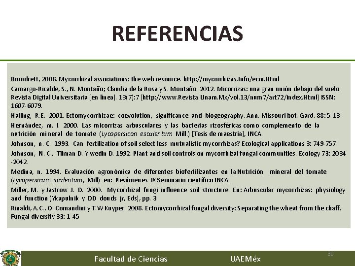 REFERENCIAS Brundrett, 2008. Mycorrhizal associations: the web resource. http: //mycorrhizas. Info/ecm. Html Camargo-Ricalde, S.