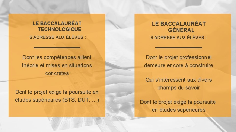LE BACCALAURÉAT TECHNOLOGIQUE LE BACCALAURÉAT GÉNÉRAL S’ADRESSE AUX ÉLÈVES : Dont les compétences allient