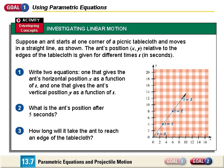 Using Parametric Equations ACTIVITY Developing Concepts INVESTIGATING LINEAR MOTION Suppose an ant starts at