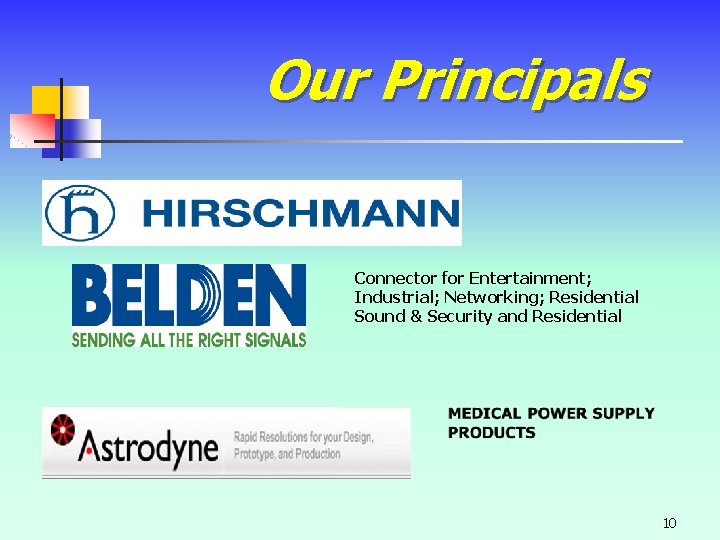 Our Principals Connector for Entertainment; Industrial; Networking; Residential Sound & Security and Residential 10 Our Principals Connector for Entertainment; Industrial; Networking; Residential Sound & Security and Residential 10