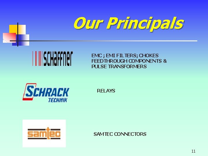 Our Principals EMC ; EMI FILTERS; CHOKES FEEDTHROUGH COMPONENTS & PULSE TRANSFORMERS RELAYS SAMTEC Our Principals EMC ; EMI FILTERS; CHOKES FEEDTHROUGH COMPONENTS & PULSE TRANSFORMERS RELAYS SAMTEC