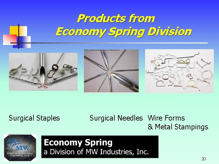 Products from Economy Spring Division Surgical Staples Surgical Needles Wire Forms & Metal Stampings Products from Economy Spring Division Surgical Staples Surgical Needles Wire Forms & Metal Stampings