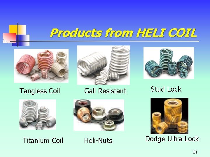 Products from HELI COIL Tangless Coil Titanium Coil Gall Resistant Heli-Nuts Stud Lock Dodge Products from HELI COIL Tangless Coil Titanium Coil Gall Resistant Heli-Nuts Stud Lock Dodge