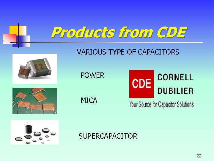 Products from CDE VARIOUS TYPE OF CAPACITORS POWER MICA SUPERCAPACITOR 22 Products from CDE VARIOUS TYPE OF CAPACITORS POWER MICA SUPERCAPACITOR 22