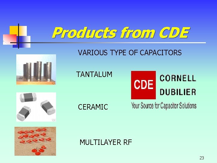 Products from CDE VARIOUS TYPE OF CAPACITORS TANTALUM CERAMIC MULTILAYER RF 23 Products from CDE VARIOUS TYPE OF CAPACITORS TANTALUM CERAMIC MULTILAYER RF 23