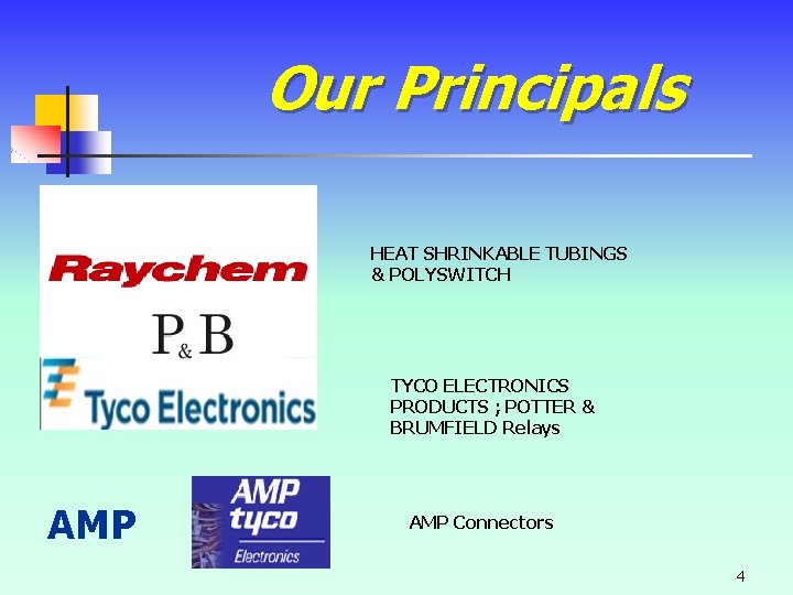 Our Principals HEAT SHRINKABLE TUBINGS & POLYSWITCH TYCO ELECTRONICS PRODUCTS ; POTTER & BRUMFIELD Our Principals HEAT SHRINKABLE TUBINGS & POLYSWITCH TYCO ELECTRONICS PRODUCTS ; POTTER & BRUMFIELD