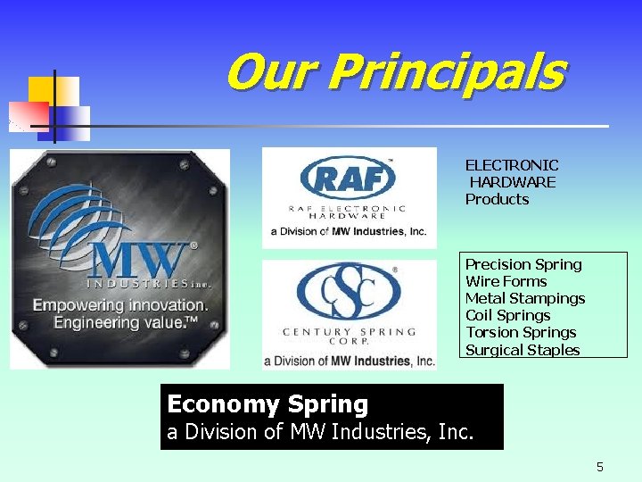 Our Principals ELECTRONIC HARDWARE Products Precision Spring Wire Forms Metal Stampings Coil Springs Torsion Our Principals ELECTRONIC HARDWARE Products Precision Spring Wire Forms Metal Stampings Coil Springs Torsion
