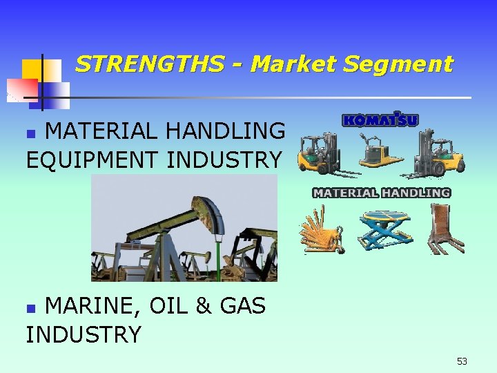 STRENGTHS - Market Segment MATERIAL HANDLING EQUIPMENT INDUSTRY n MARINE, OIL & GAS INDUSTRY STRENGTHS - Market Segment MATERIAL HANDLING EQUIPMENT INDUSTRY n MARINE, OIL & GAS INDUSTRY