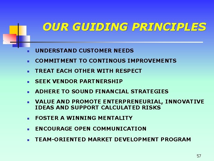 OUR GUIDING PRINCIPLES n UNDERSTAND CUSTOMER NEEDS n COMMITMENT TO CONTINOUS IMPROVEMENTS n TREAT OUR GUIDING PRINCIPLES n UNDERSTAND CUSTOMER NEEDS n COMMITMENT TO CONTINOUS IMPROVEMENTS n TREAT