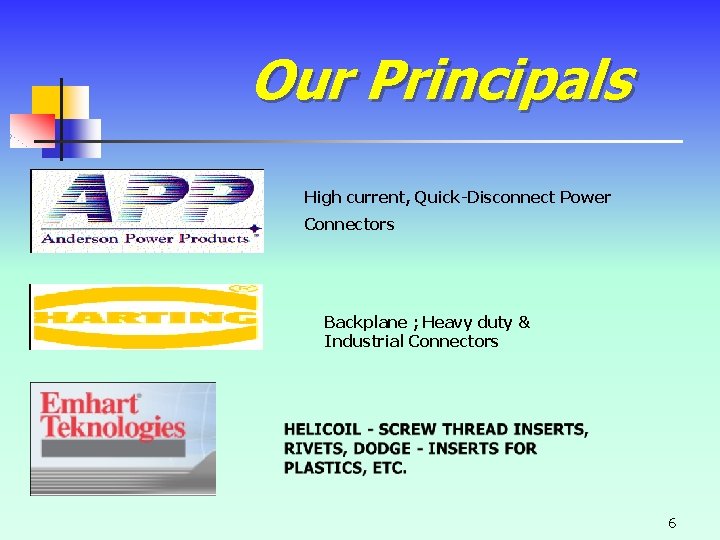 Our Principals High current, Quick-Disconnect Power Connectors Backplane ; Heavy duty & Industrial Connectors Our Principals High current, Quick-Disconnect Power Connectors Backplane ; Heavy duty & Industrial Connectors