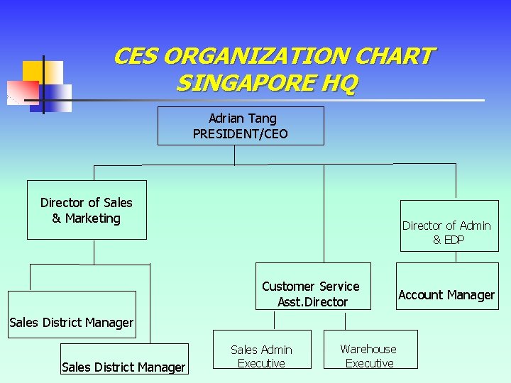 CES ORGANIZATION CHART SINGAPORE HQ Adrian Tang PRESIDENT/CEO Director of Sales & Marketing Director CES ORGANIZATION CHART SINGAPORE HQ Adrian Tang PRESIDENT/CEO Director of Sales & Marketing Director