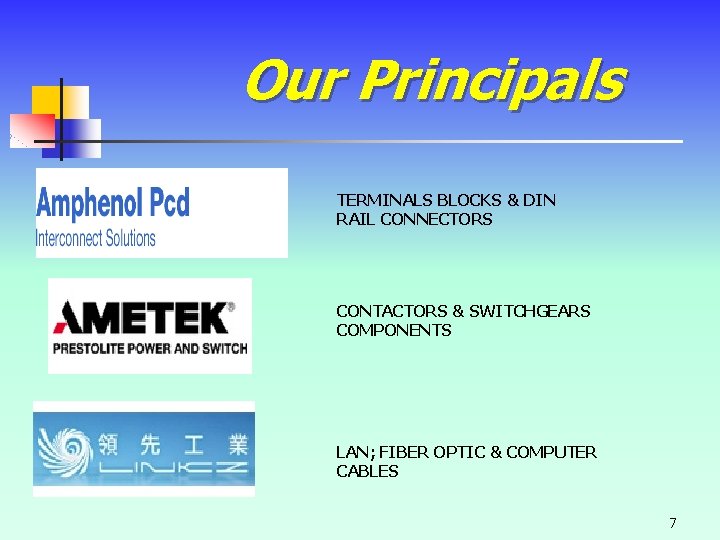 Our Principals TERMINALS BLOCKS & DIN RAIL CONNECTORS CONTACTORS & SWITCHGEARS COMPONENTS LAN; FIBER Our Principals TERMINALS BLOCKS & DIN RAIL CONNECTORS CONTACTORS & SWITCHGEARS COMPONENTS LAN; FIBER