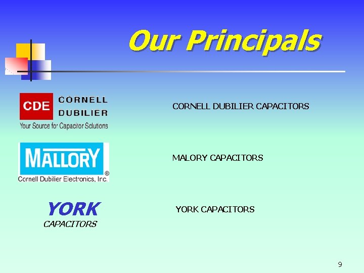 Our Principals CORNELL DUBILIER CAPACITORS MALORY CAPACITORS YORK CAPACITORS 9 Our Principals CORNELL DUBILIER CAPACITORS MALORY CAPACITORS YORK CAPACITORS 9