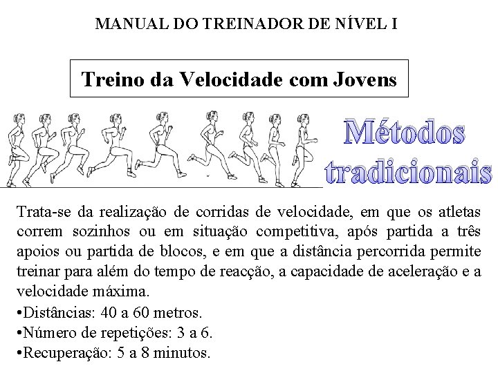 MANUAL DO TREINADOR DE NÍVEL I Treino da Velocidade com Jovens Métodos tradicionais Trata-se