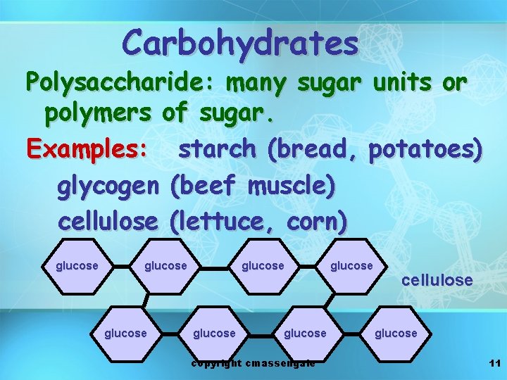 Carbohydrates Polysaccharide: many sugar units or polymers of sugar. Examples: starch (bread, potatoes) glycogen