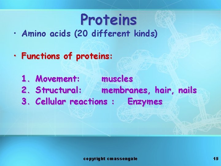 Proteins • Amino acids (20 different kinds) • Functions of proteins: 1. 2. 3.