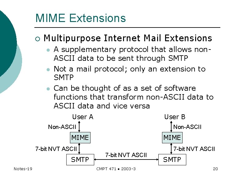 MIME Extensions ¡ Multipurpose Internet Mail Extensions l l l A supplementary protocol that