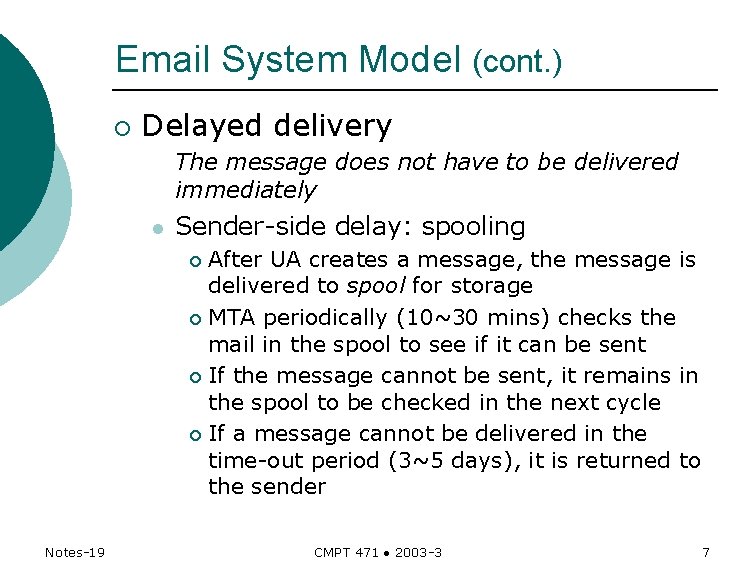 Email System Model (cont. ) ¡ Delayed delivery The message does not have to