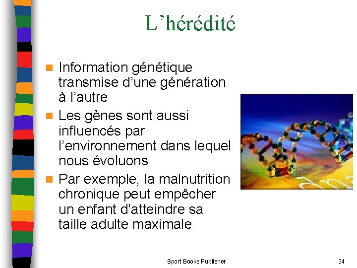 L’hérédité Information génétique transmise d’une génération à l’autre n Les gènes sont aussi influencés