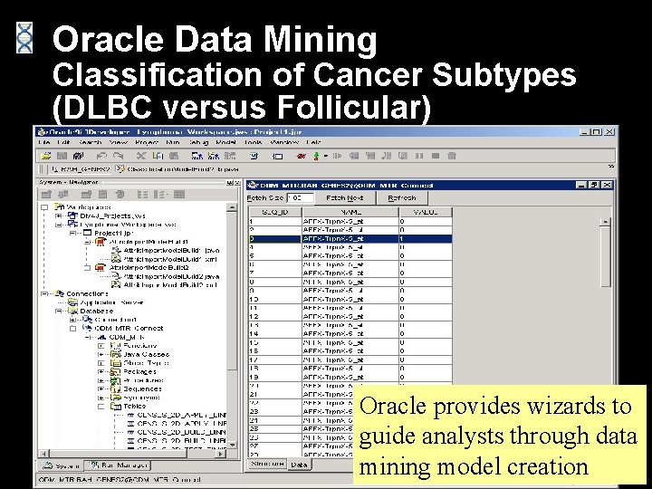 Oracle Data Mining Classification of Cancer Subtypes (DLBC versus Follicular) Oracle provides wizards to