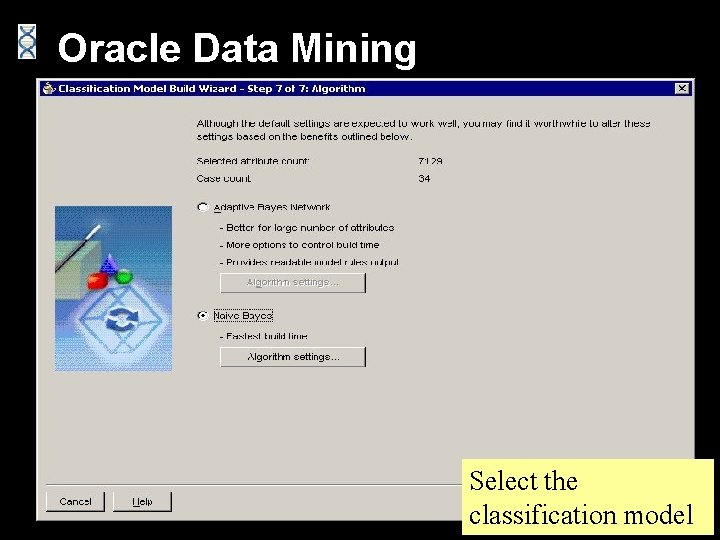 Oracle Data Mining Select the classification model 