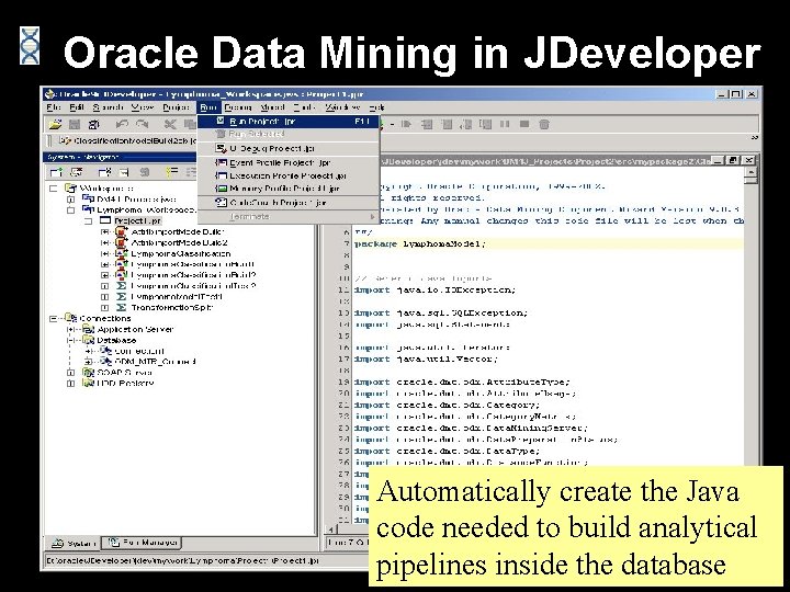 Oracle Data Mining in JDeveloper Automatically create the Java code needed to build analytical
