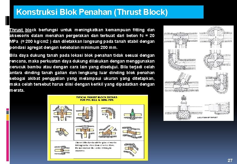 Konstruksi Blok Penahan (Thrust Block) Thrust block berfungsi untuk meningkatkan kemampuan fitting dan aksesoris