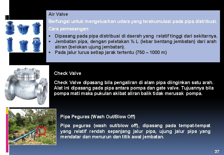 Air Valve Berfungsi untuk mengeluarkan udara yang terakumulasi pada pipa distribusi. Cara pemasangan: Dipasang